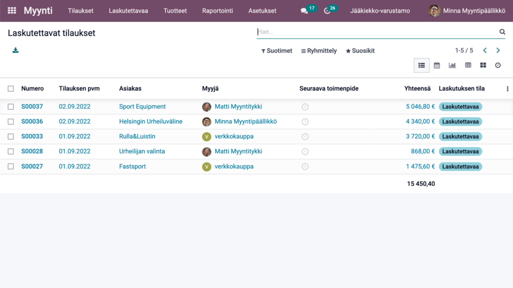 Odoo-raportointi laskutettavat tilaukset